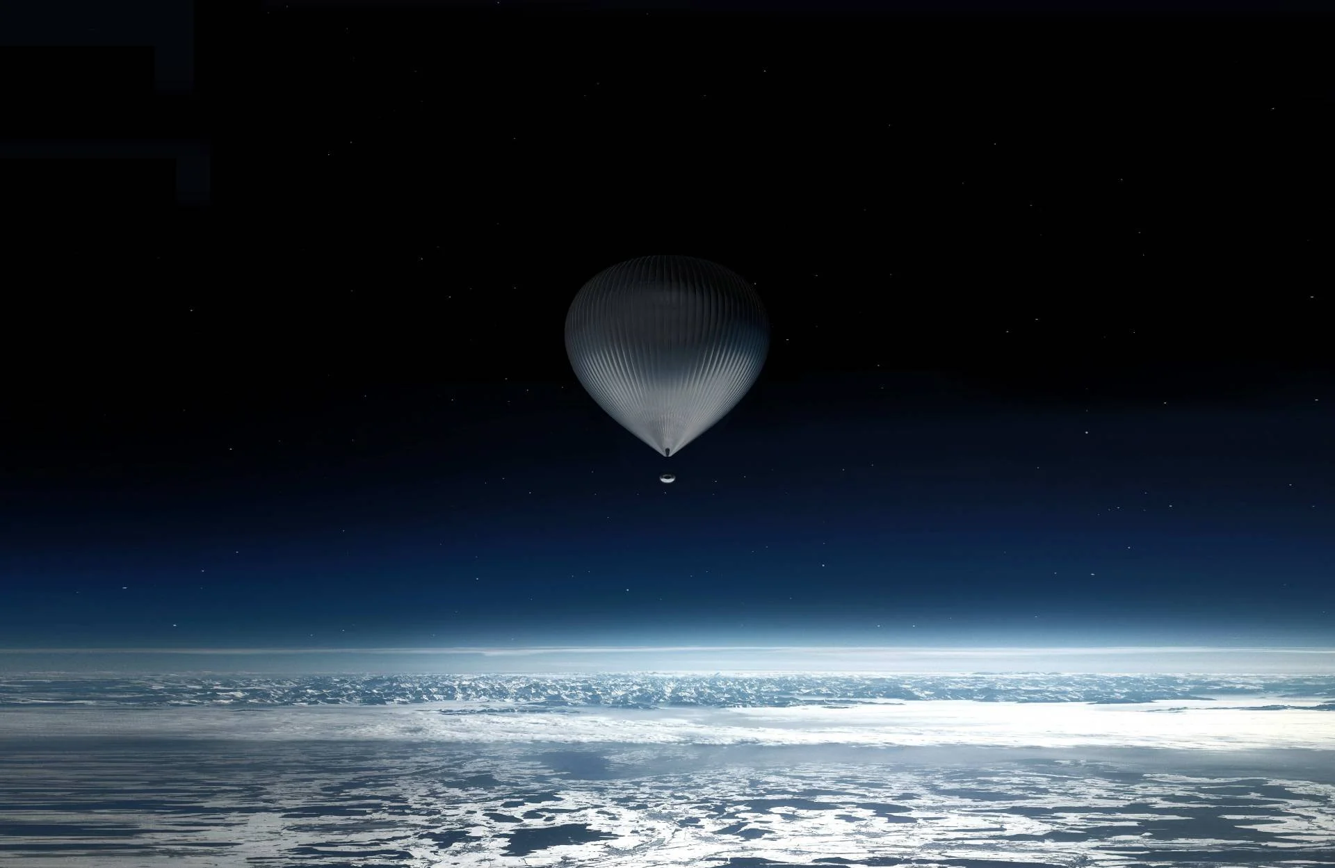 White balloon floating above Earth’s atmosphere against a star-filled black sky
