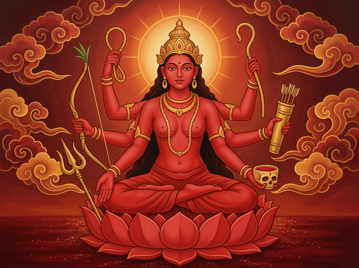 A vibrant depiction of the Hindu goddess Durga seated on a lotus flower, with multiple arms holding a bow, a trident, a question mark, a container of arrows, a skull cup, and a snake. Surrounded by clouds and a radiant halo above her head, with a fiery background.