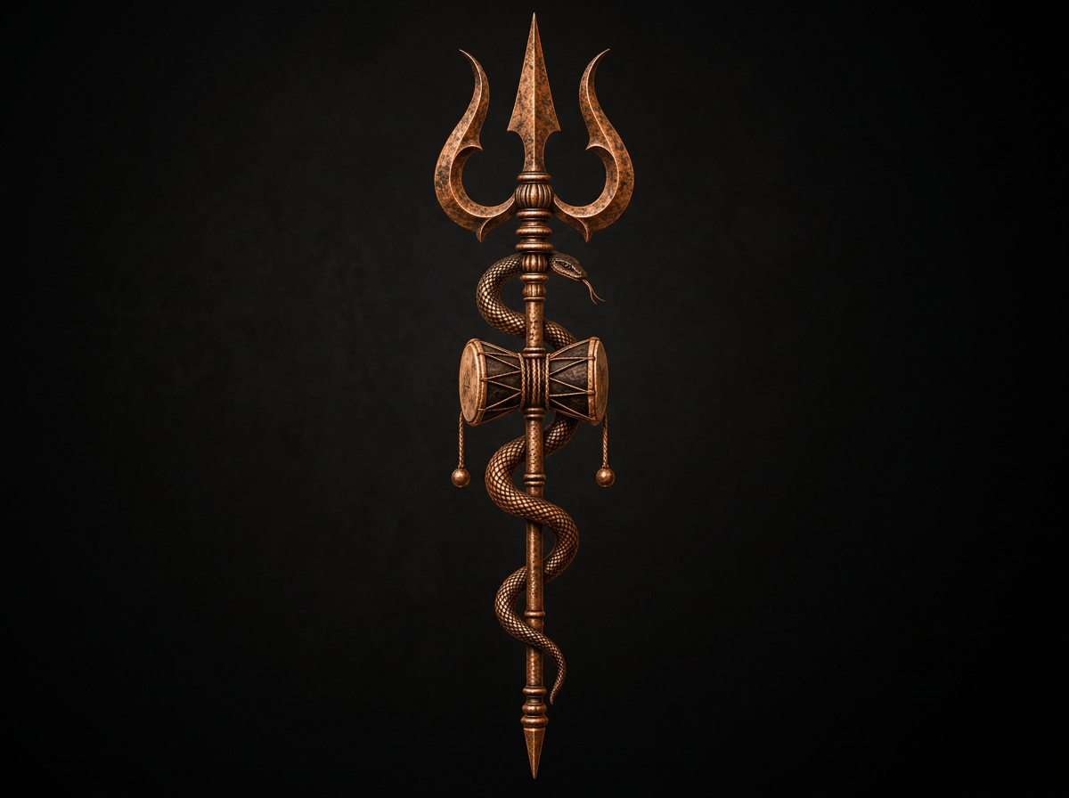 A bronze or gold decorative staff with a three-pronged trident at the top, a snake winding around the middle, and a drum below the snake, set against a dark background.