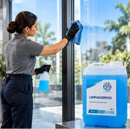 Mujer limpiando una ventana de vidrio con limpiavidrios PURVEX.