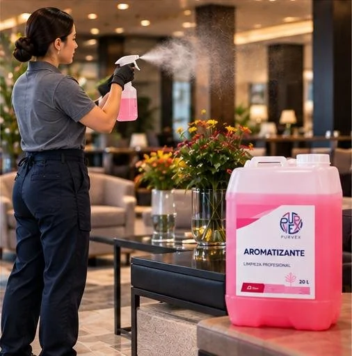 Persona rociando un aromatizante purvex en una sala con plantas y mobiliario elegante.