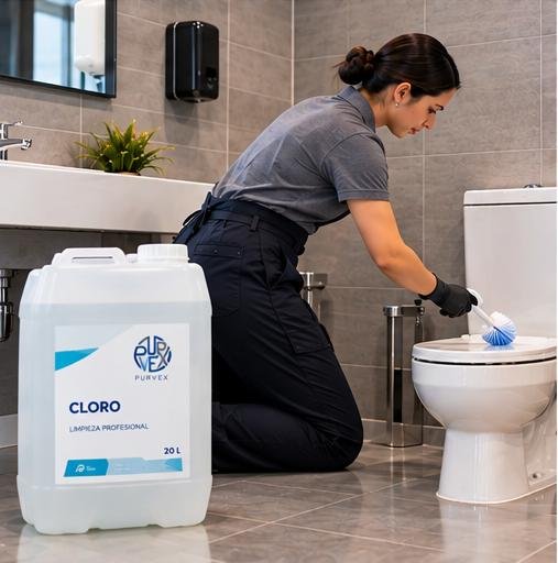 Una mujer limpia un inodoro con un cepillo en un baño. Hay un recipiente grande de cloro PURVEX.