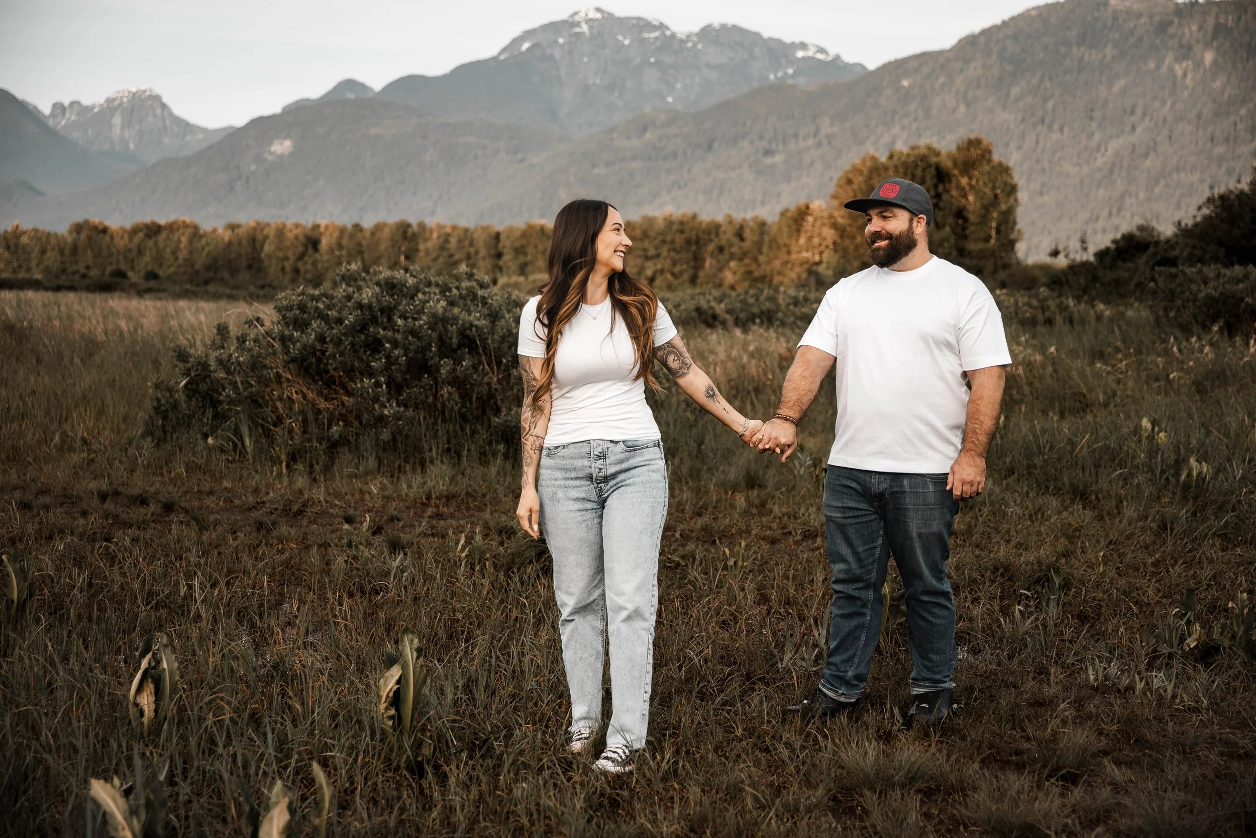 Moody and timeless engagement portraits in the scenic Pitt Lake landscape.
