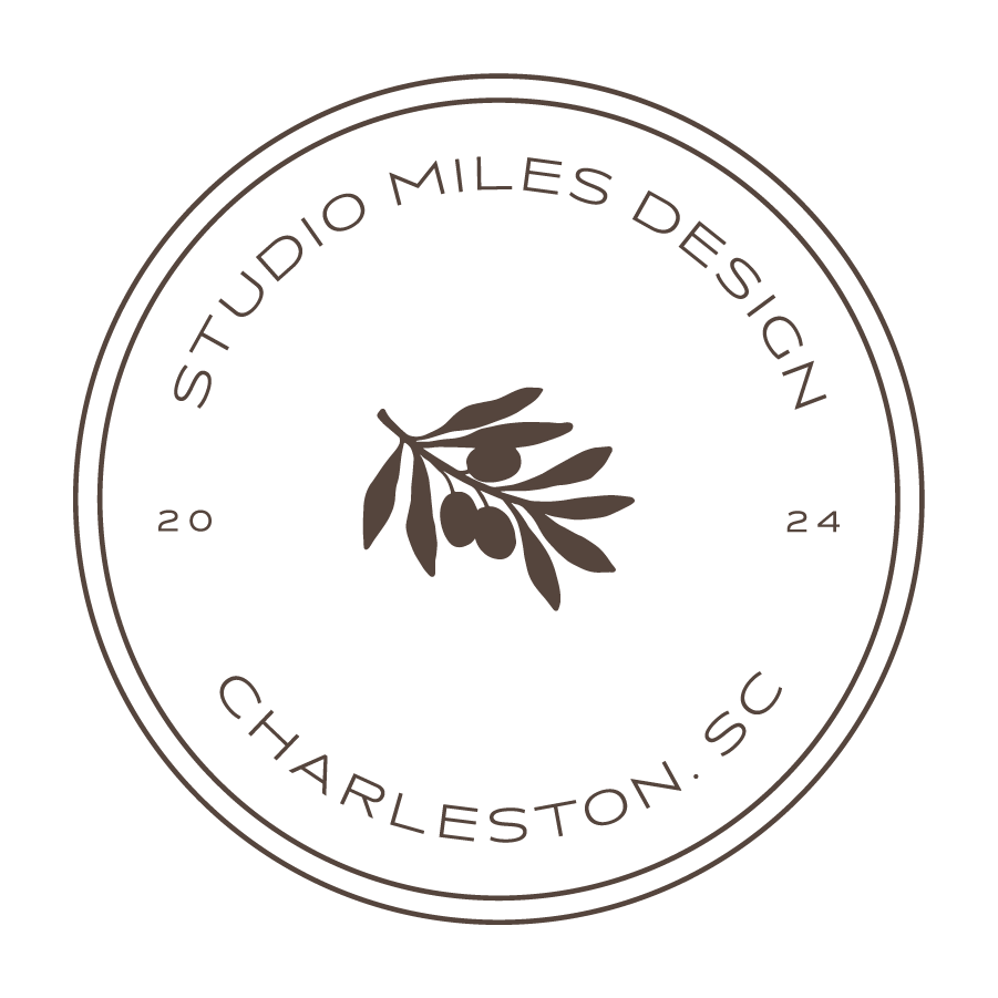 A circular logo with the words 'Studio Miles Design' and 'Charleston, SC' around the edge, featuring an olive branch in the center, and the year 2024.