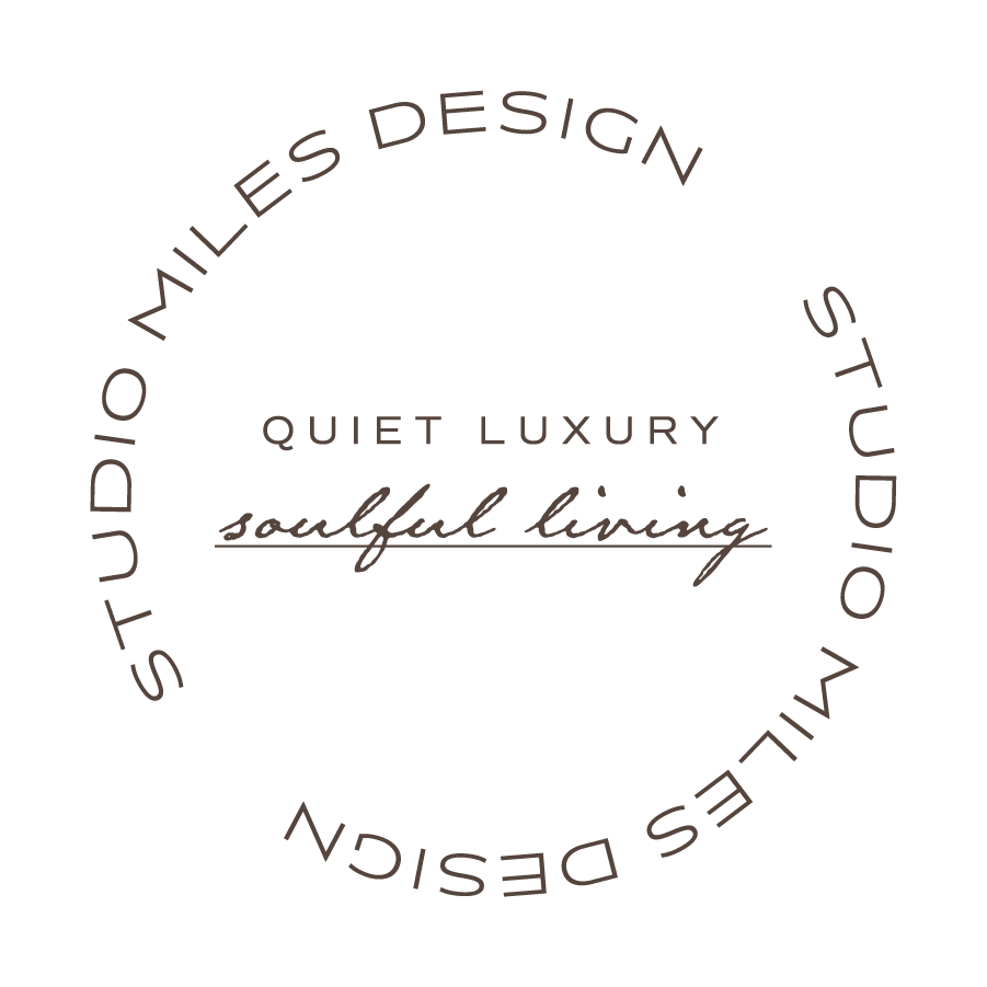 Circular logo with text: 'Studio Miles Design' repeated around the circle; inner text includes 'Quiet Luxury' and 'Soulful Living' in a handwritten style.