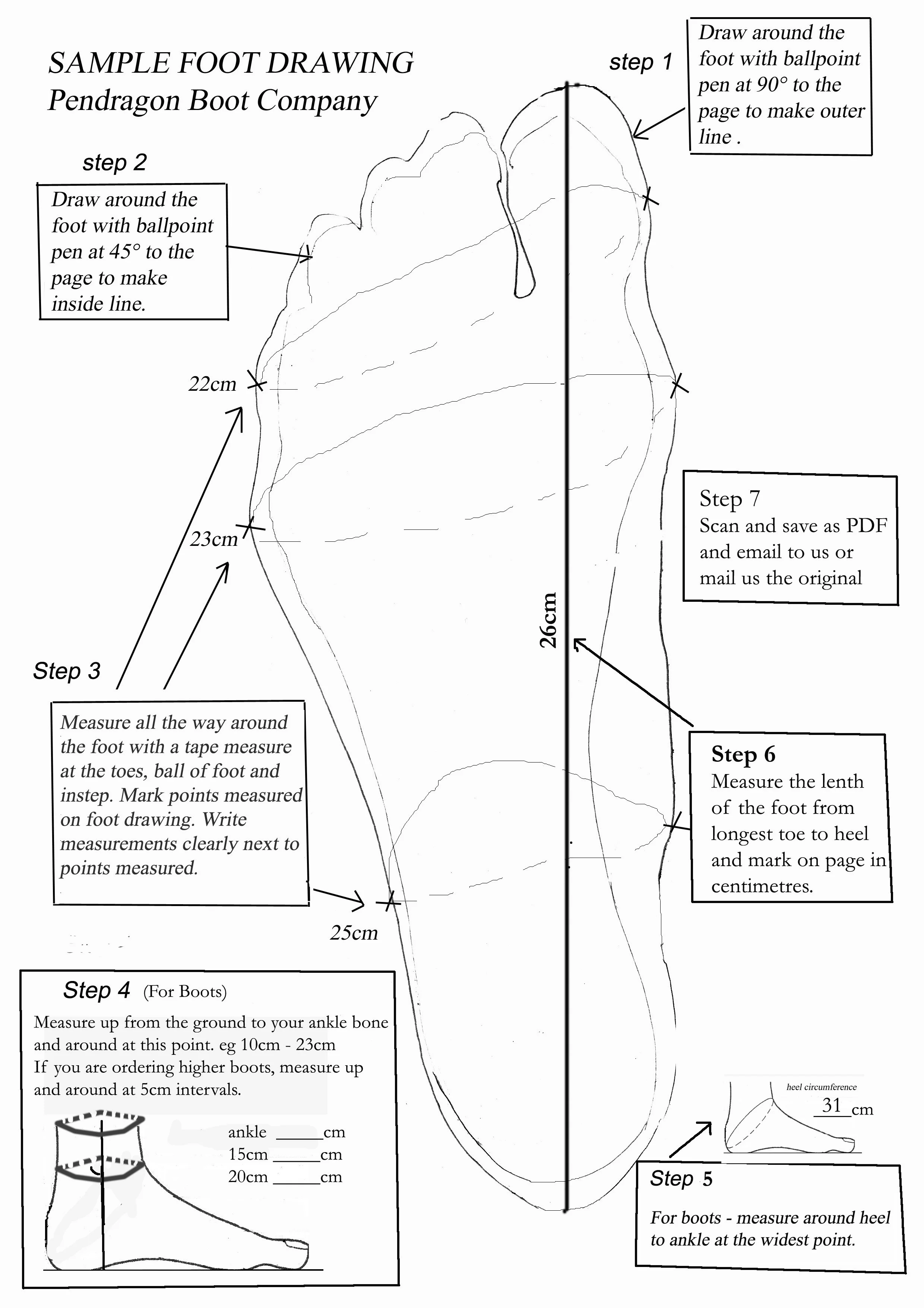 A detailed diagram of a foot with step-by-step instructions for measuring and drawing a foot outline, including markings for heel, toes, and ankle, with measurements in centimeters and tips for drawing around the foot and measuring bone length.