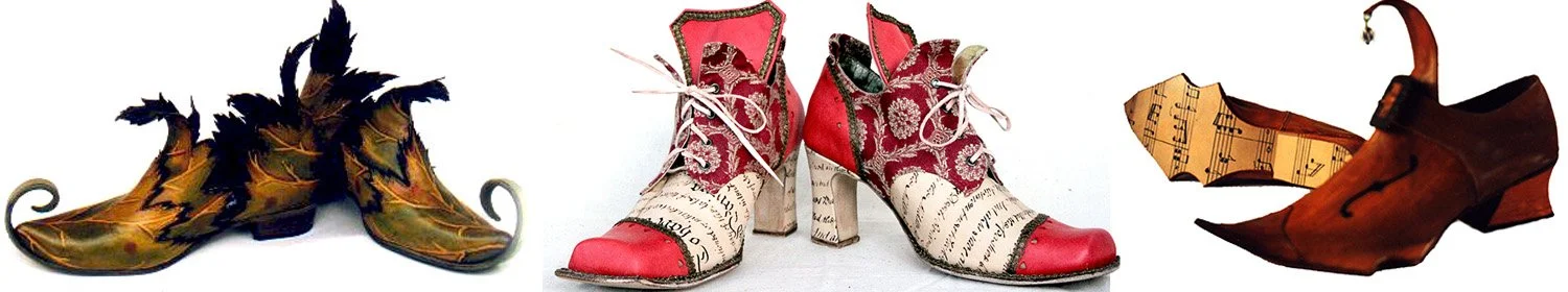 Three pairs of decorative shoes with unique designs and materials.