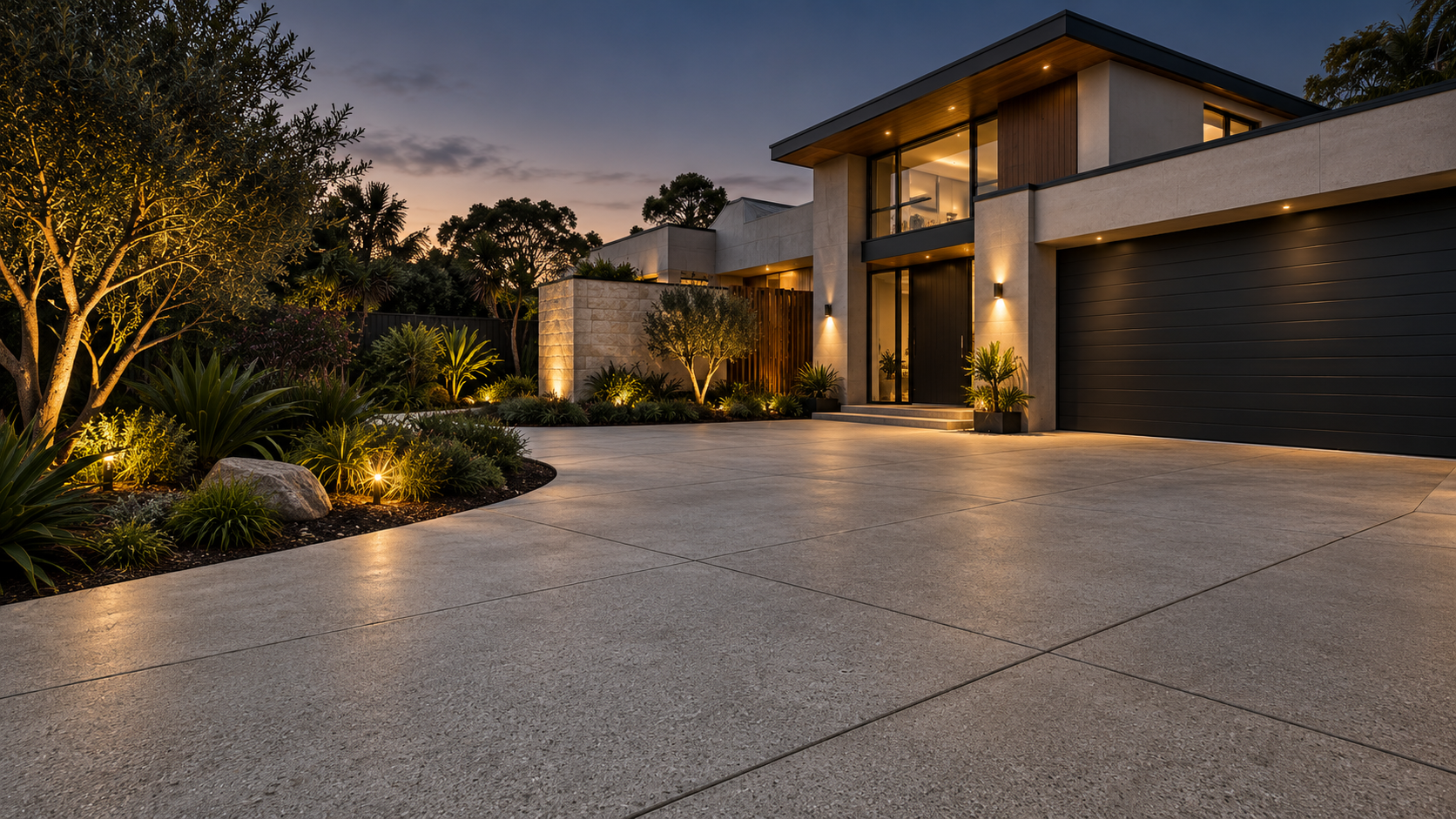 AI-generated architectural concept of a modern Auckland-style home with a concrete driveway and landscaped courtyard at dusk