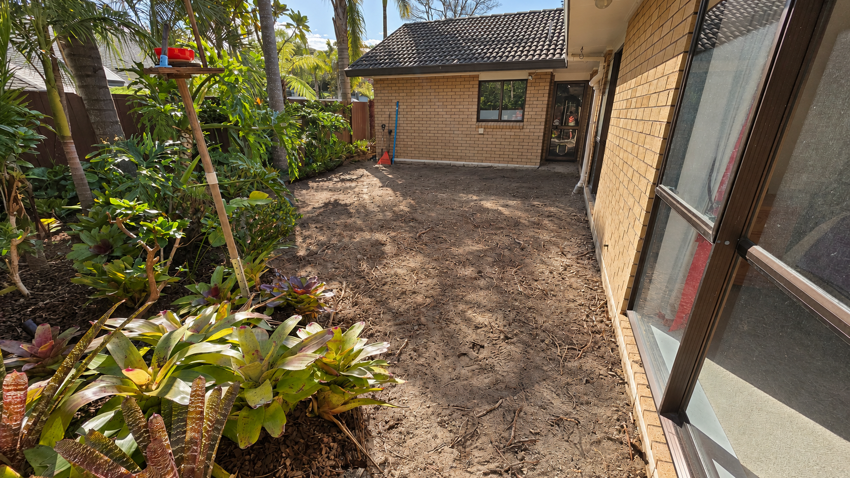 Before the work: cleared courtyard area beside established planting in West Harbour.