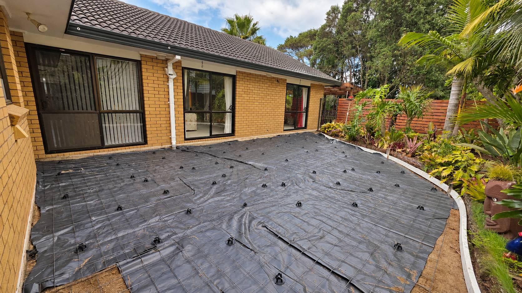 Preparation: reinforcement supported above the membrane, with boxing following the curved garden edge.