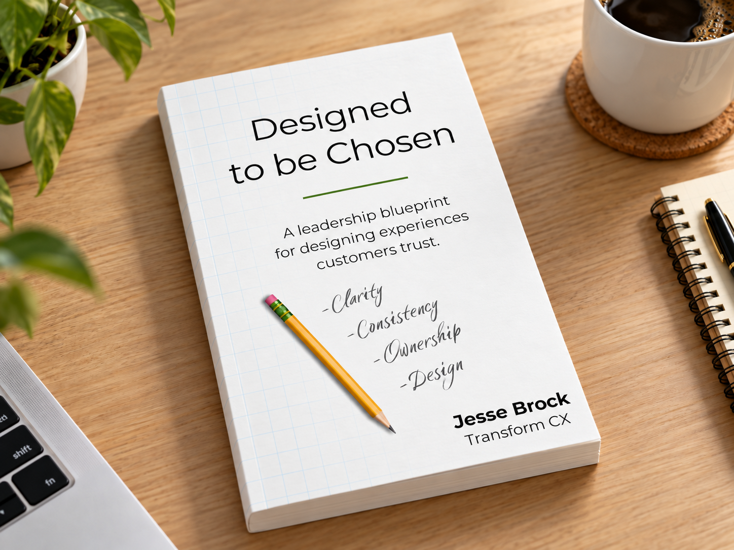Book titled 'Designed to be Chosen' on a wooden desk, with a pencil, a cup of coffee on a coaster, a laptop, and a notepad nearby.