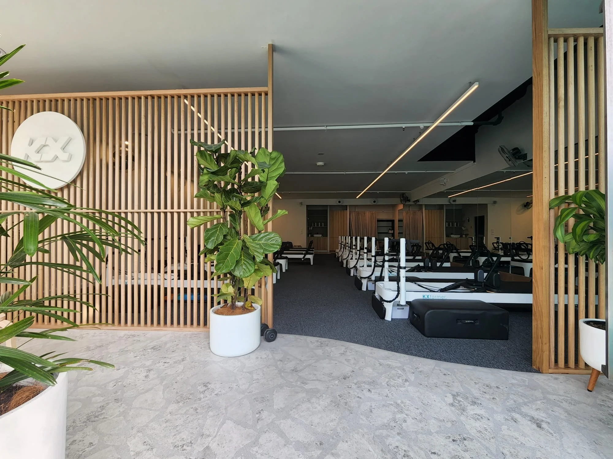 Indoor gym with exercise equipment and indoor plants, separated by wooden slats and a potted plant in a white planter.
