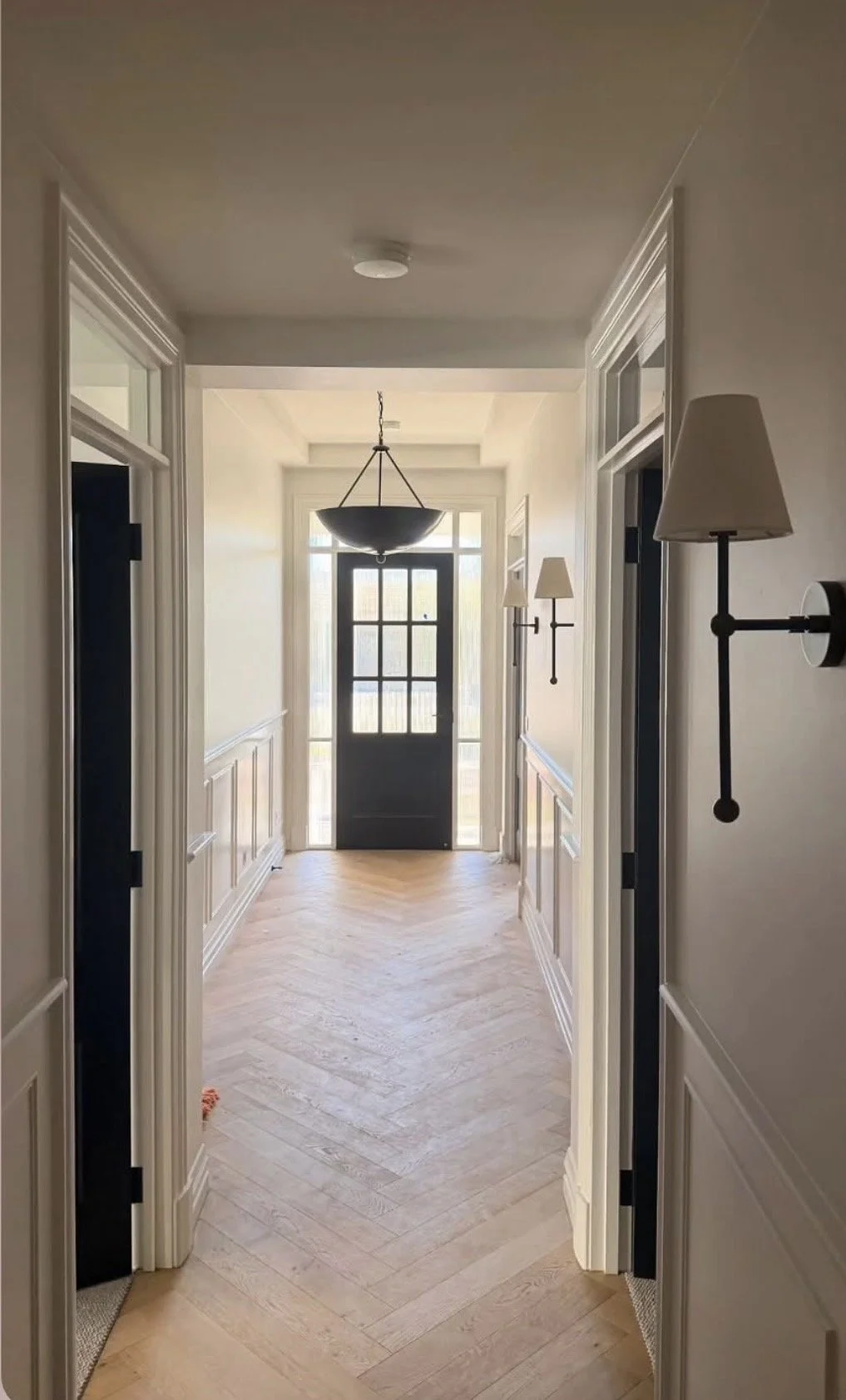Bright hallway with white walls, wood paneling, and black accents, including a front door with glass panes and a ceiling light fixture.