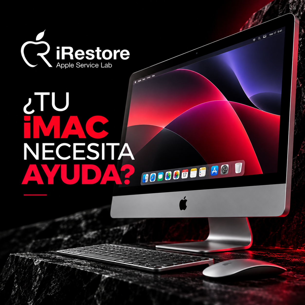 Anuncio de servicio técnico para Macs en iRestore, con una imagen de una iMac y texto en español que dice '¿Tu Mac necesita ayuda?' en fondo negro con detalles en rojo y blanco.