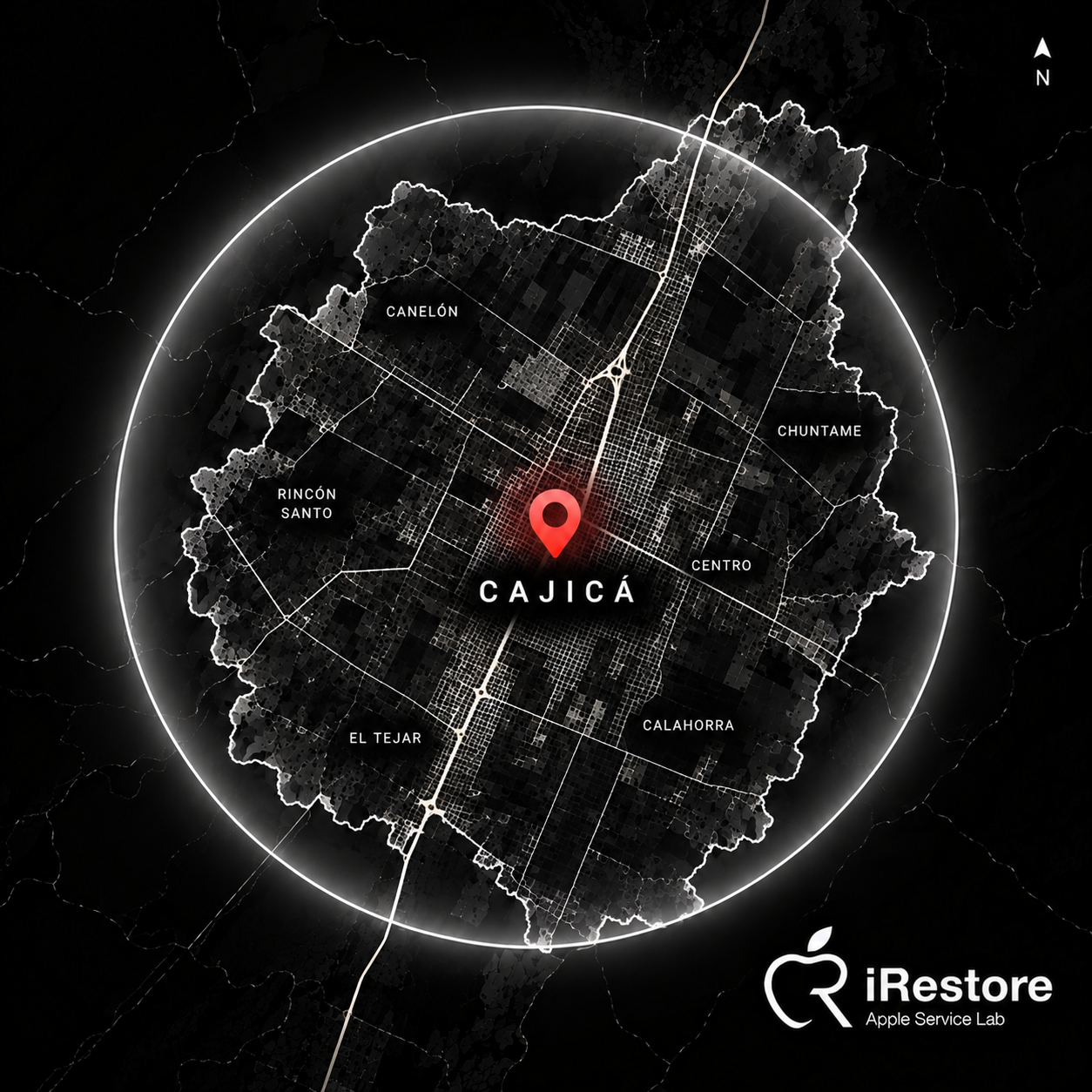 Mapa digital de Cajicá con diferentes barrios y una marca en el centro con la palabra Cajicá, y el logotipo de iRestore Apple Service Lab en la esquina inferior derecha.