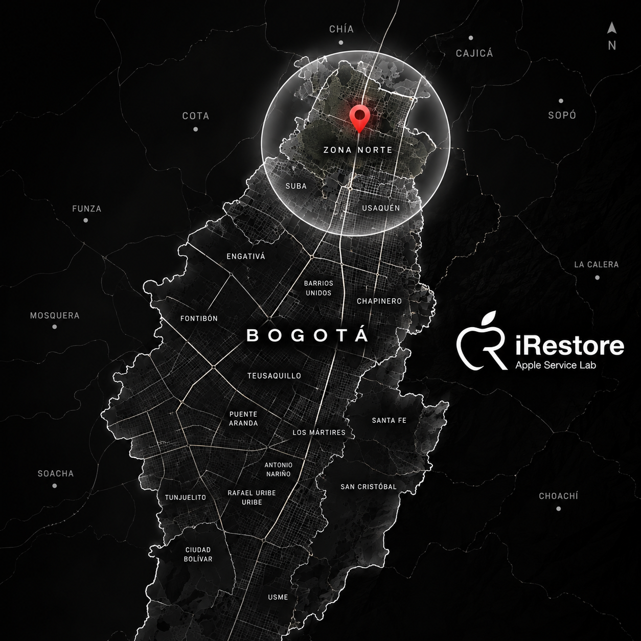 Mapa digital de Bogotá con zonas y barrios destacados, con marcador en la zona norte y logo de iRestore Apple Service Lab.