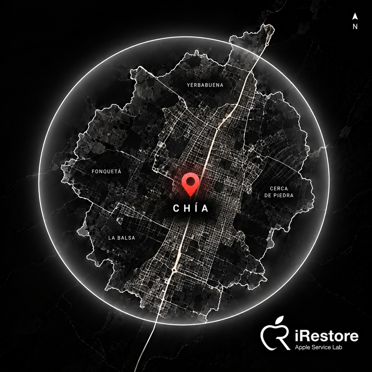 Mapa digital de Chía con áreas resaltadas y población de fondo, marcando la ubicación central, con nombres de zonas como Yerbabuena, Fonquetá, Cerca de Piedra y La Balsa, y un logotipo de iRestore Apple Service Lab en la esquina inferior derecha.