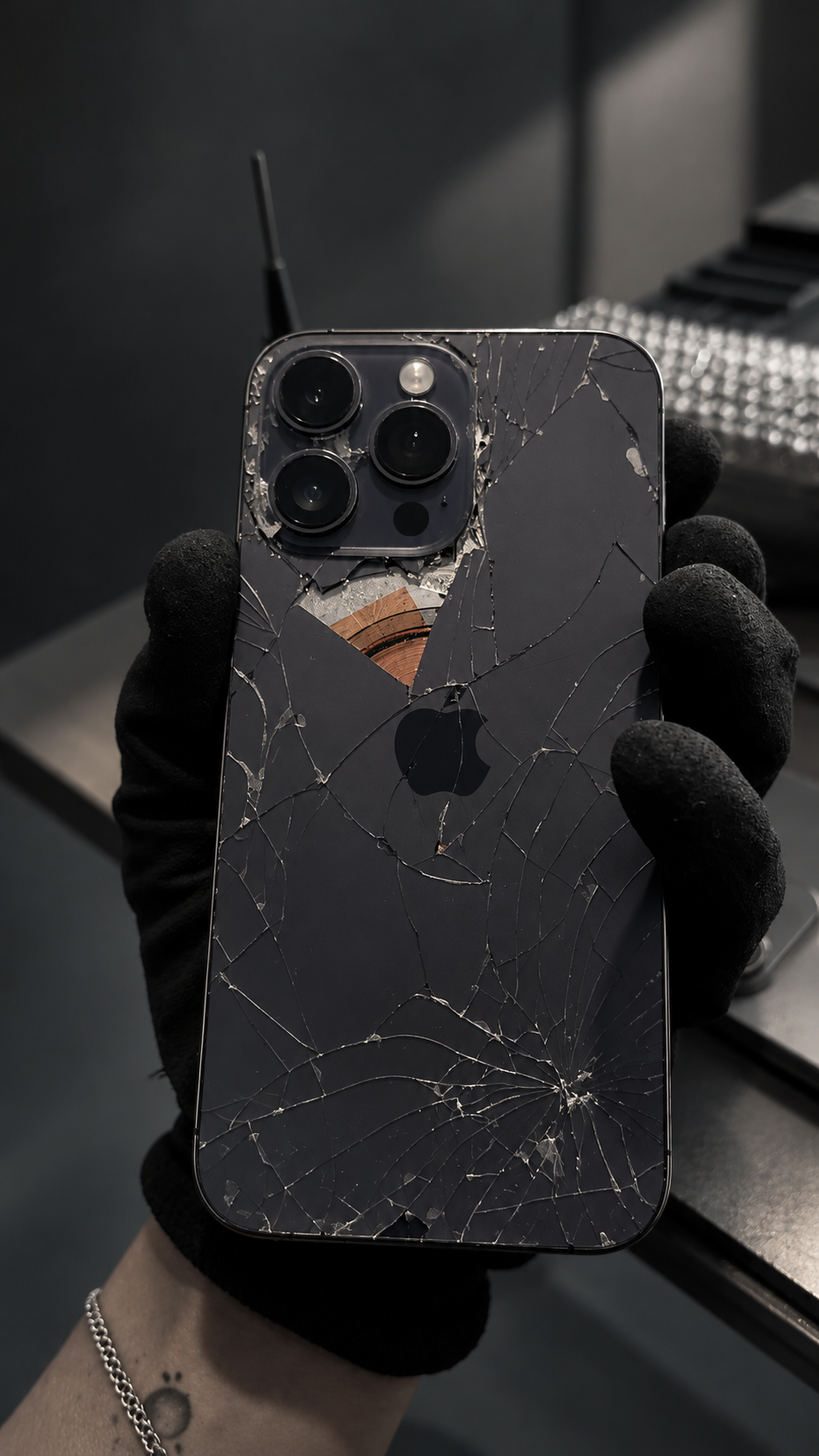 Un teléfono inteligente con la pantalla y la parte trasera rotas, en una mano con guantes negros.