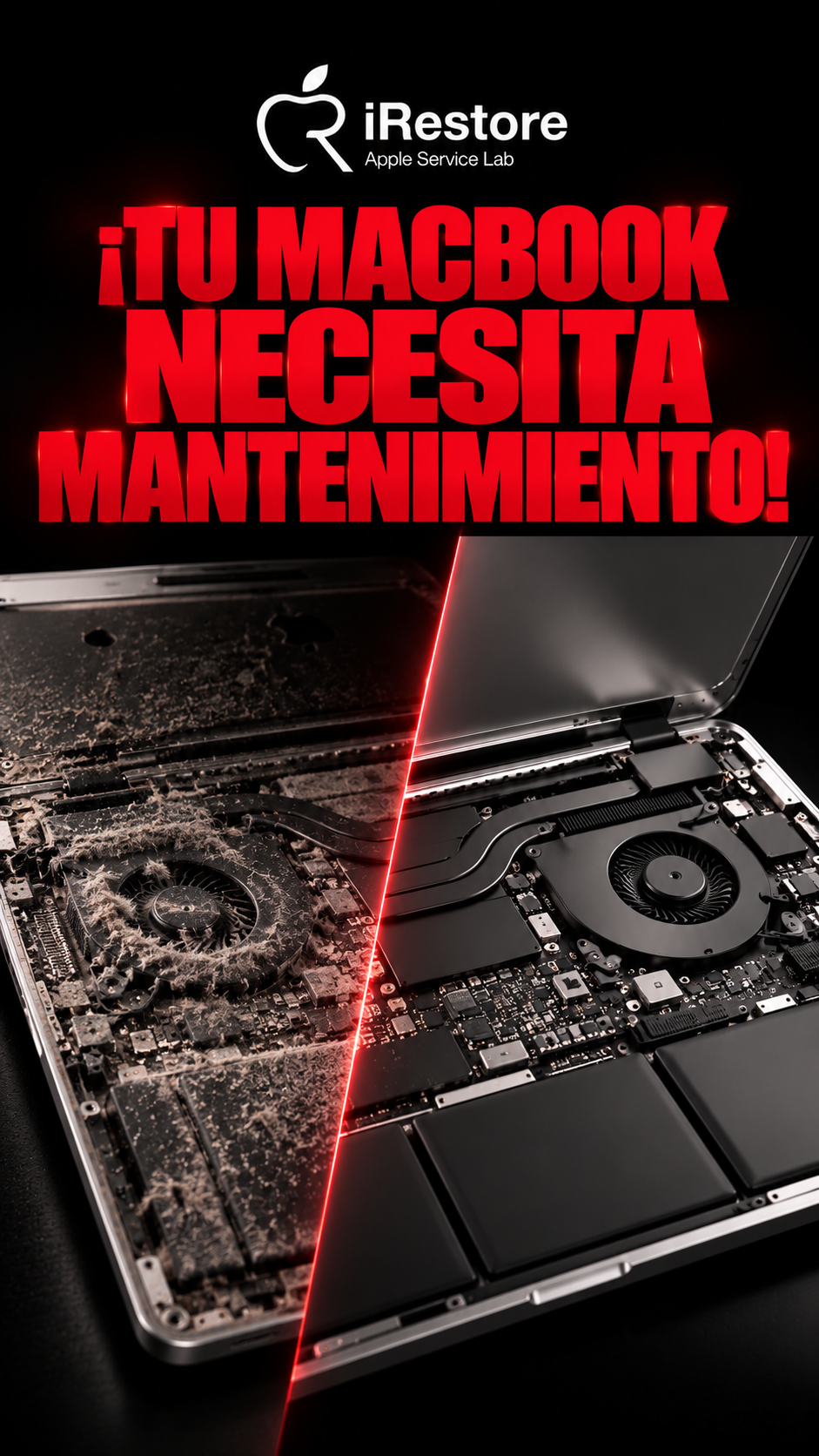 Un MacBook abierto, con la parte interna en estado de suciedad y polvo en un lado, y limpio y funcionando en el otro, promoviendo el mantenimiento del equipo.