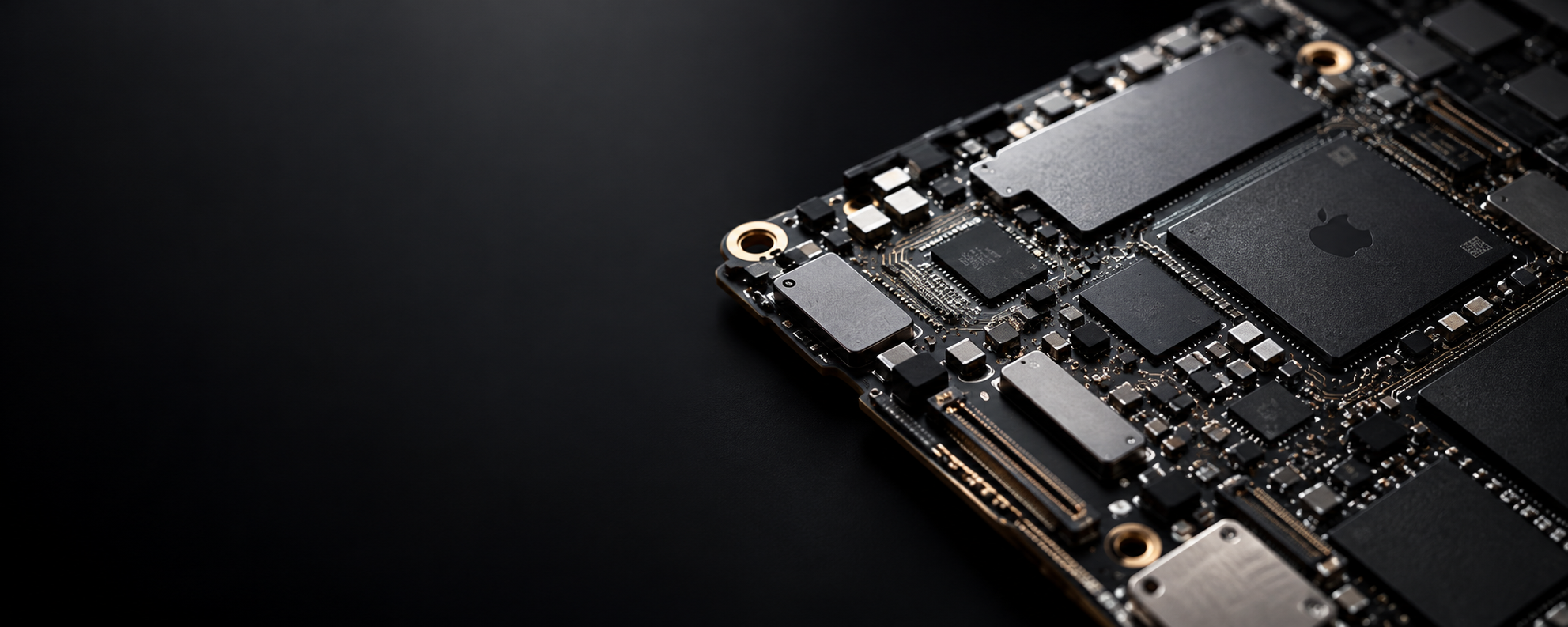 Tarjeta madre o placa base de computadora con componentes electrónicos en primer plano, en un fondo negro.