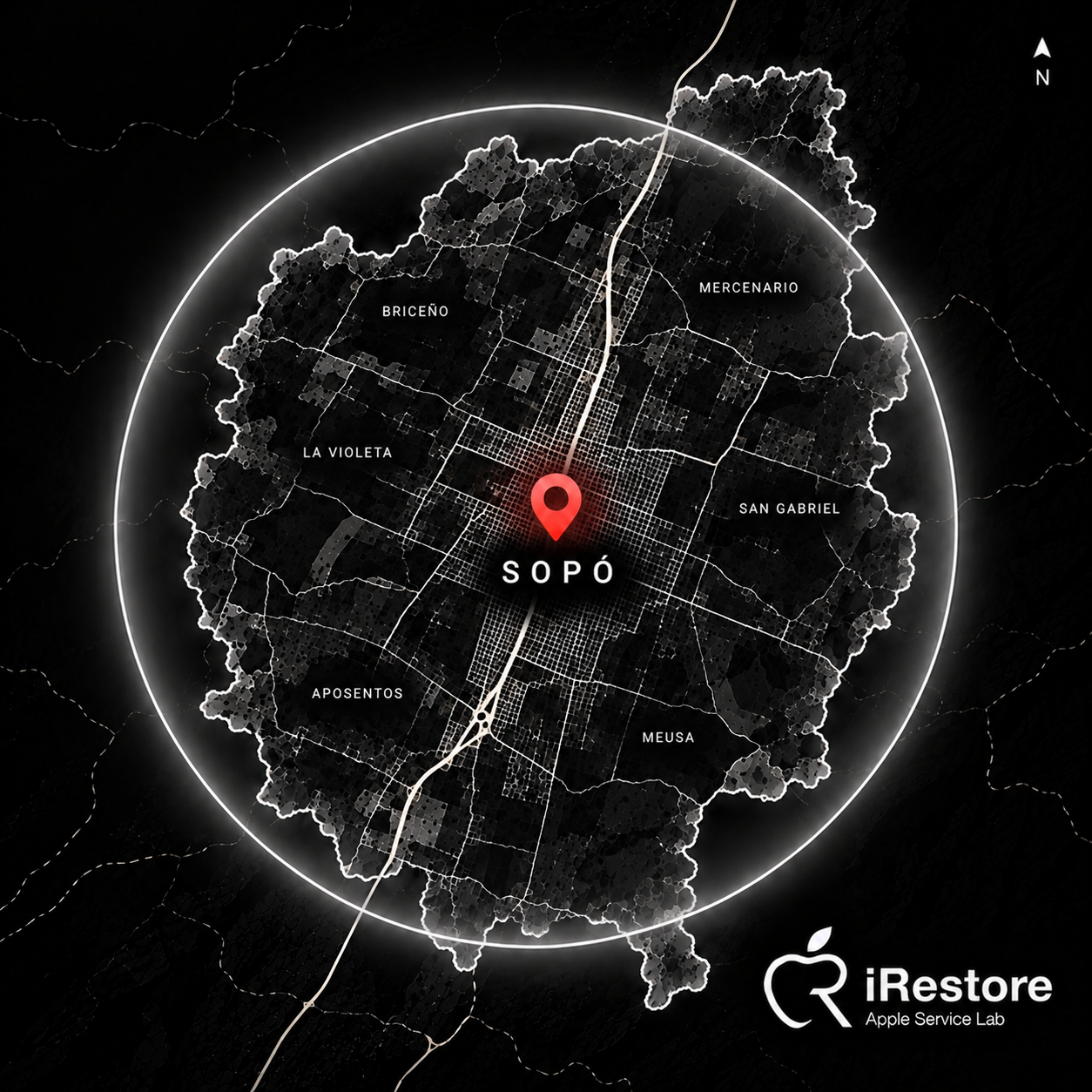 Mapa de la ciudad de Sopó, Colombia, destacando las áreas de Briceno, Mercenario, La Violeta, San Gabriel, Aposentos y Meusa, con un marcador en el centro y un logo de iRestore en la esquina inferior derecha.