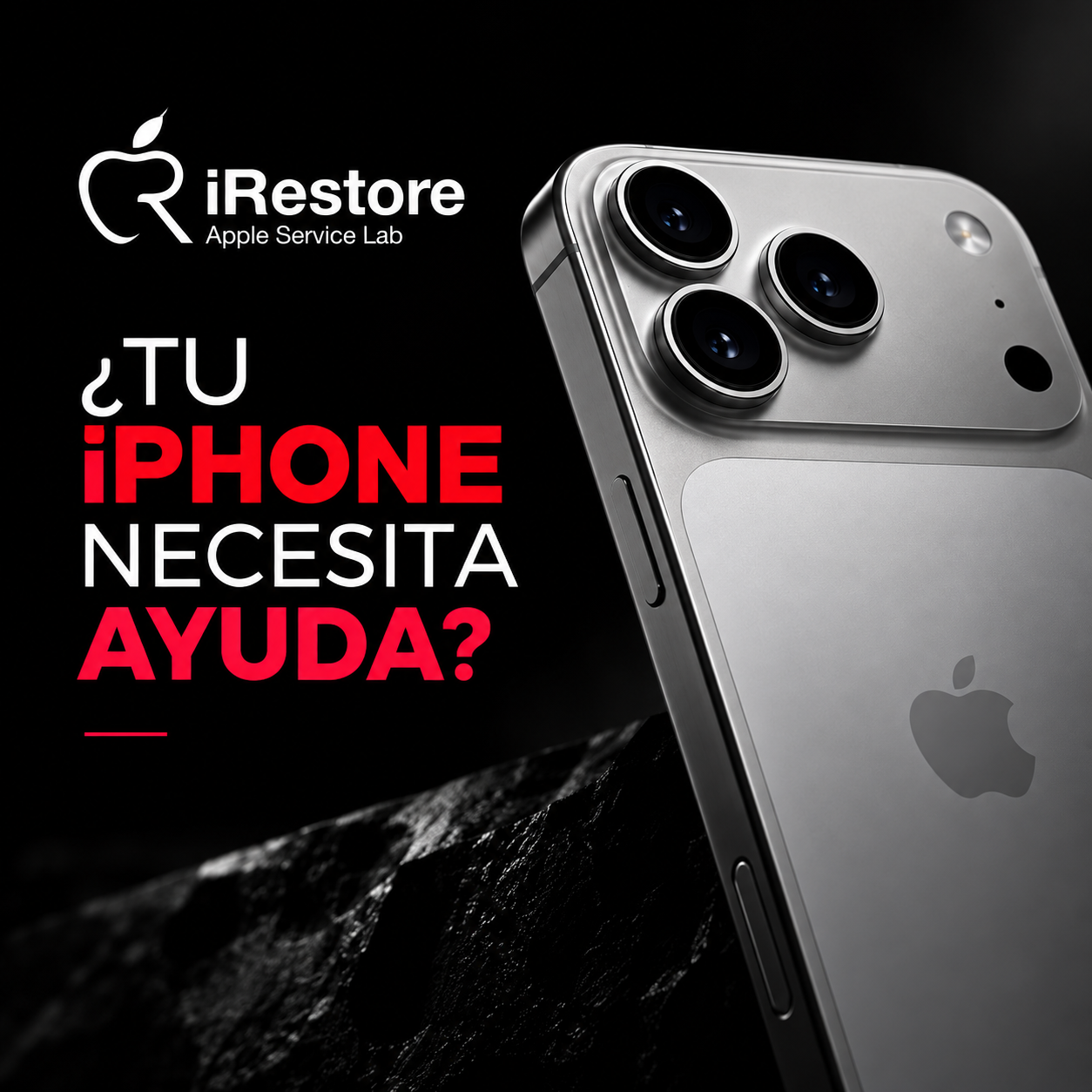Publicidad de reparación de iPhones con un iPhone en primer plano y texto en español que pregunta si el teléfono necesita ayuda.