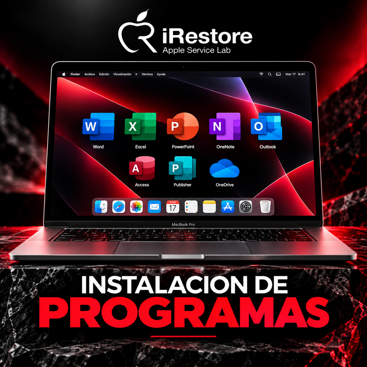 Laptop MacBook Pro con pantalla que muestra iconos de programas de Microsoft Office y OneDrive, con fondo oscuro y luz roja en el entorno, y texto en español 'Instalación de Programas' en la parte inferior.