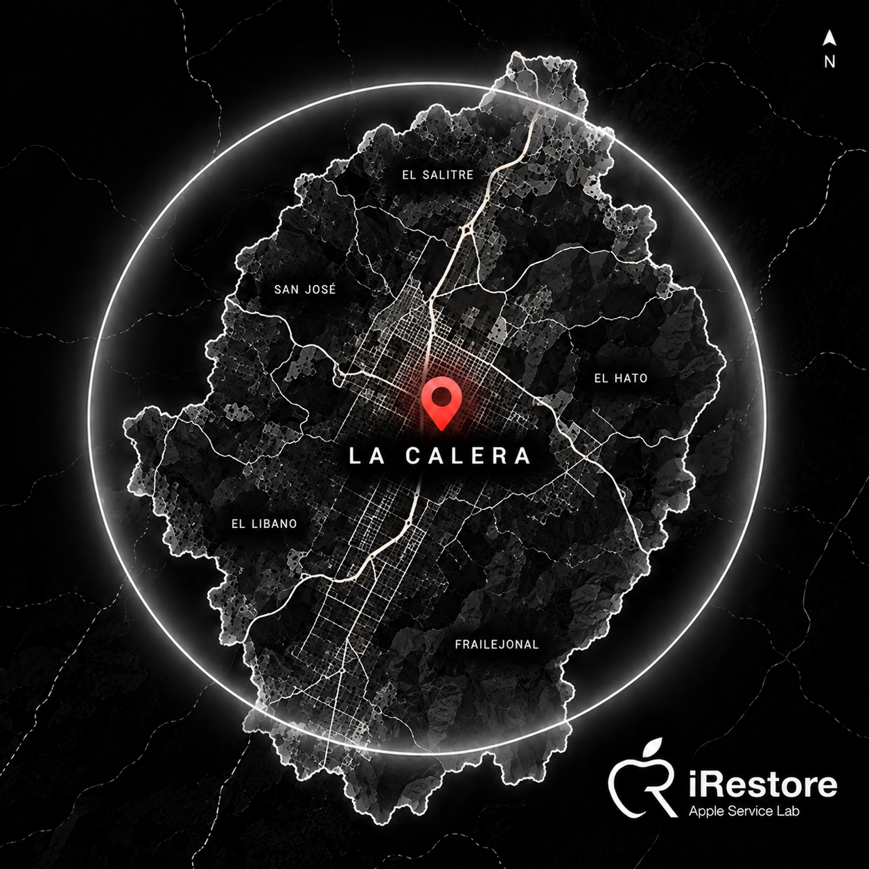 Mapa de la ciudad de La Calera con divisiones y calles principales, destacando su ubicación central, con barrios circundantes y un logo de iRestore en la esquina inferior derecha.