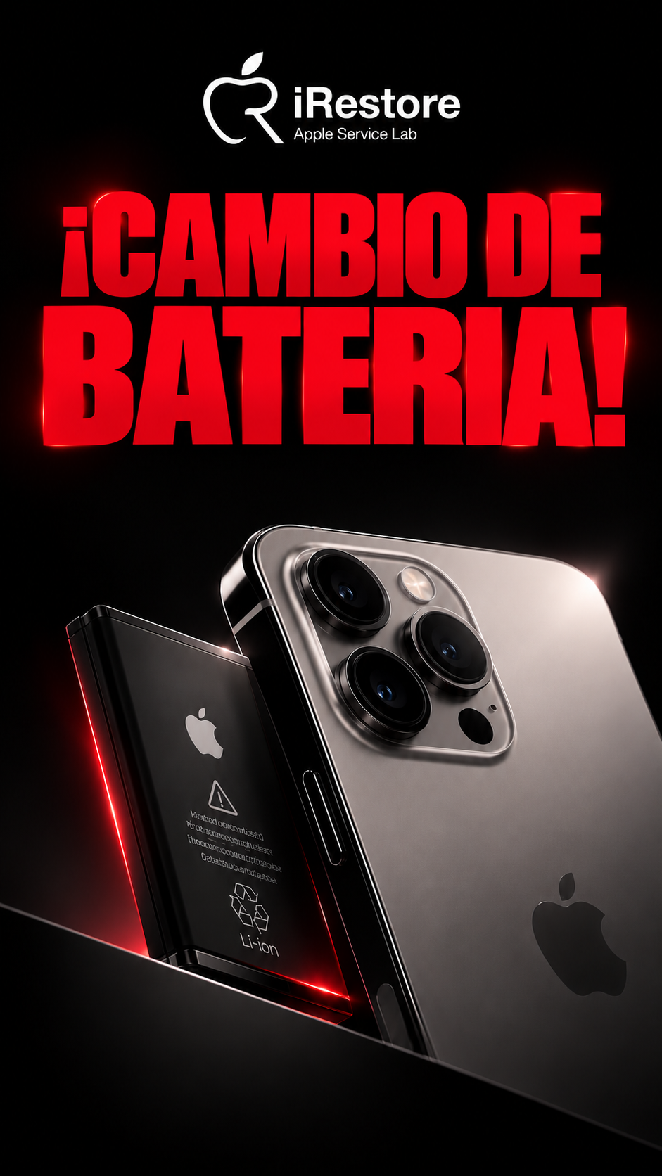 Un teléfono inteligente de Apple con baterías reemplazadas y un mensaje en letras rojas que dice "¡Cambio de batería!" con un fondo negro y el logo de iRestore Apple Service Lab.