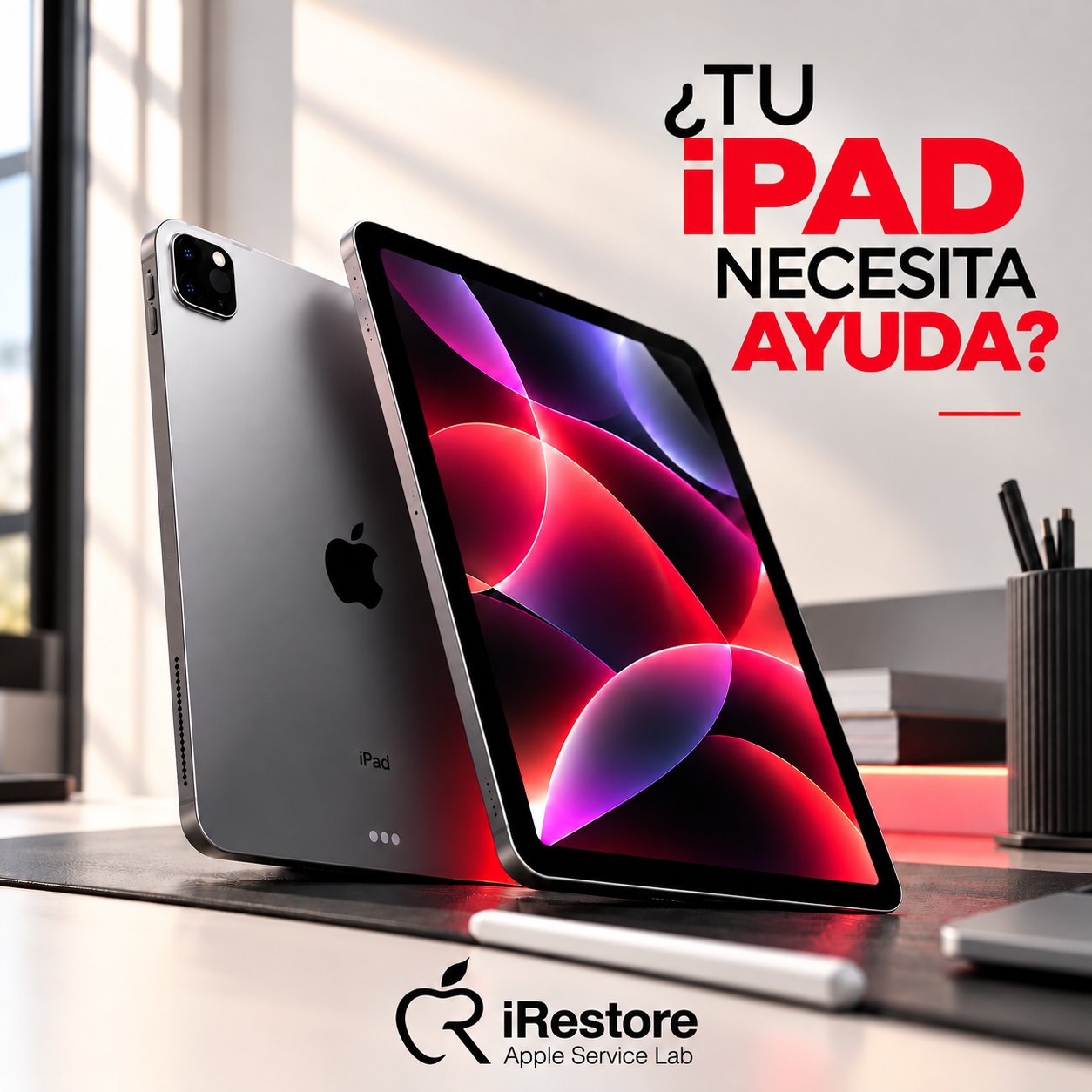 Un iPad y un iPhone en un escritorio, con texto que dice '¿Tu iPad necesita ayuda?' y el logotipo de iRestore Apple Service Lab.