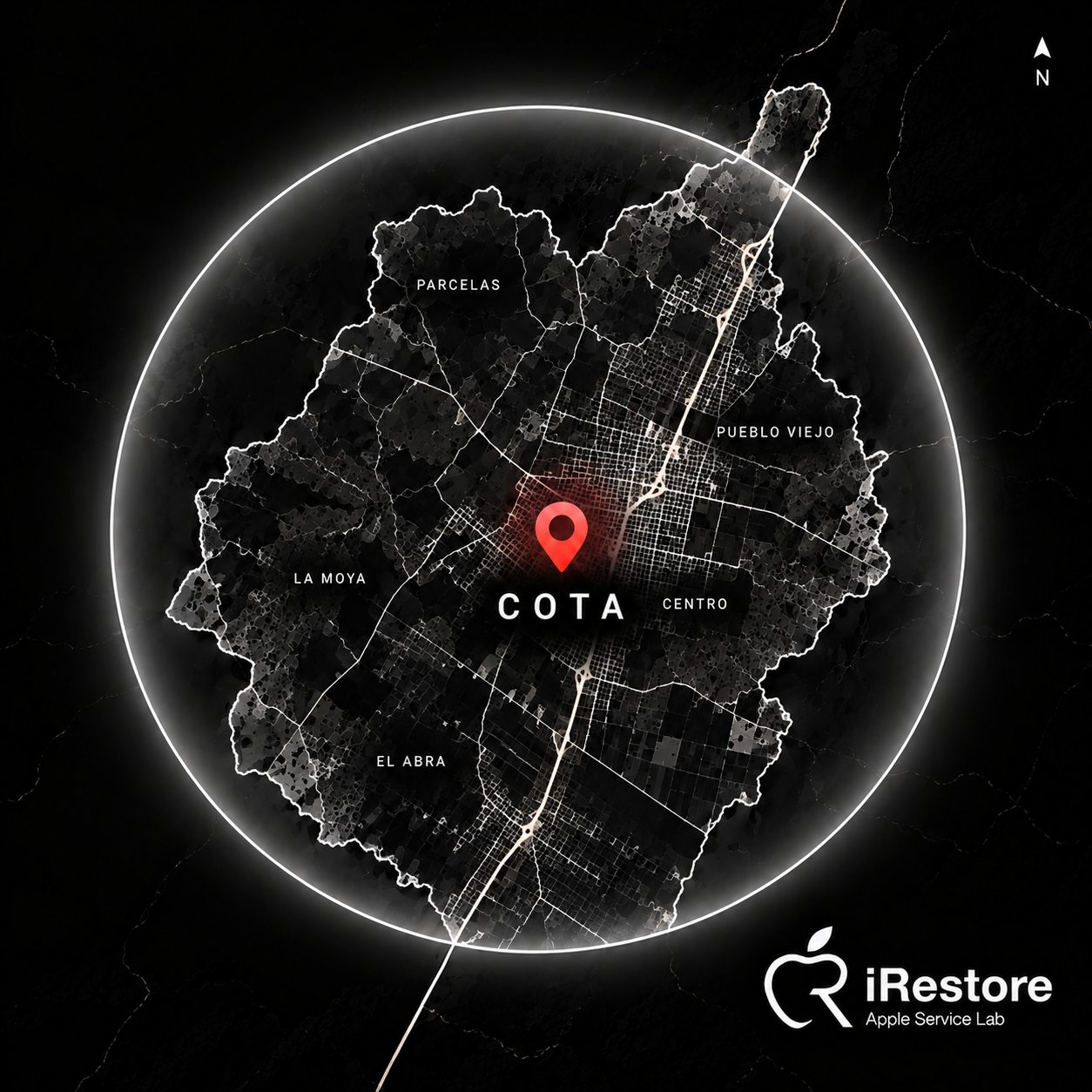 Mapa de la ciudad de Cota, con el centro y diferentes zonas como Parcelas, Pueblo Viejo, La Moya, Elabra. Se marca en el centro un punto rojo con el texto 'Cota' y un logotipo de Apple Service Lab 'iRestore' en la esquina inferior derecha.