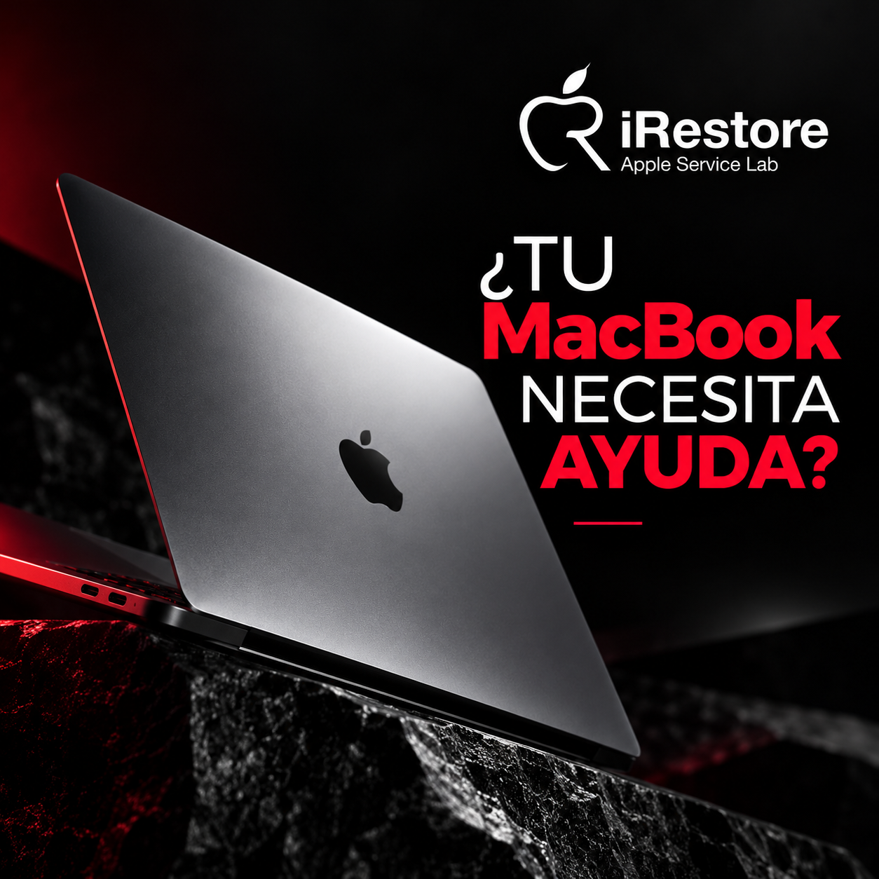 Imagen de una laptop MacBook de color gris con logo de Apple en la tapa, acompañada de texto que dice '¿Tu MacBook necesita ayuda?' en letras negras y rojas, y el logo del programa iRestore de Apple Service Lab en la esquina superior derecha.
