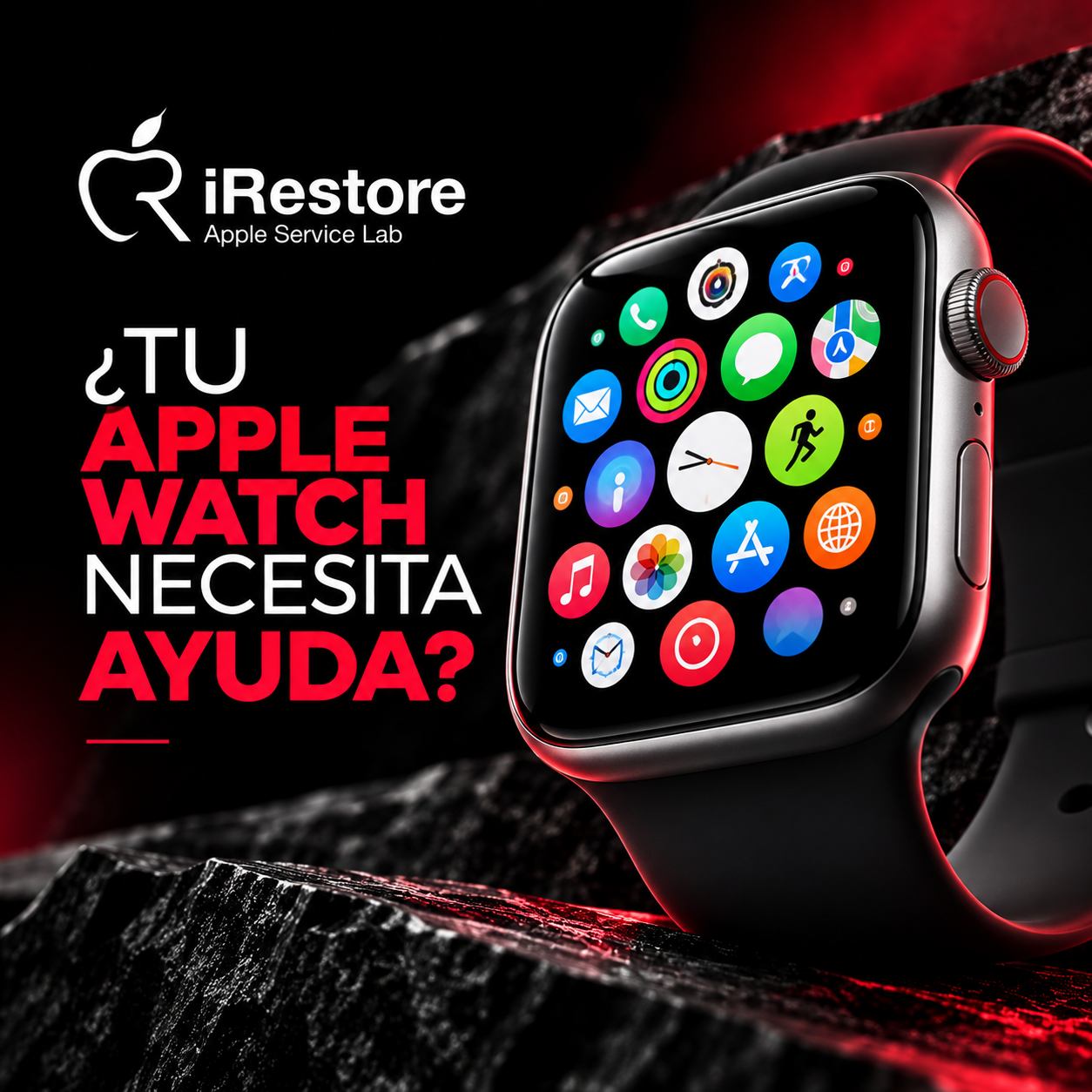 Imagen de un reloj inteligente Apple Watch con una pantalla llena de íconos coloridos, acompañado de texto en español que pregunta si tu Apple Watch necesita ayuda.
