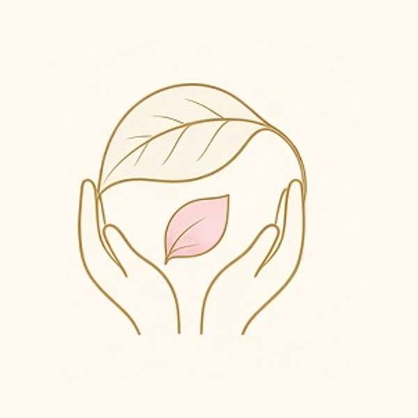 Line drawing of hands holding a pink leaf with a large leaf and a smaller leaf above.