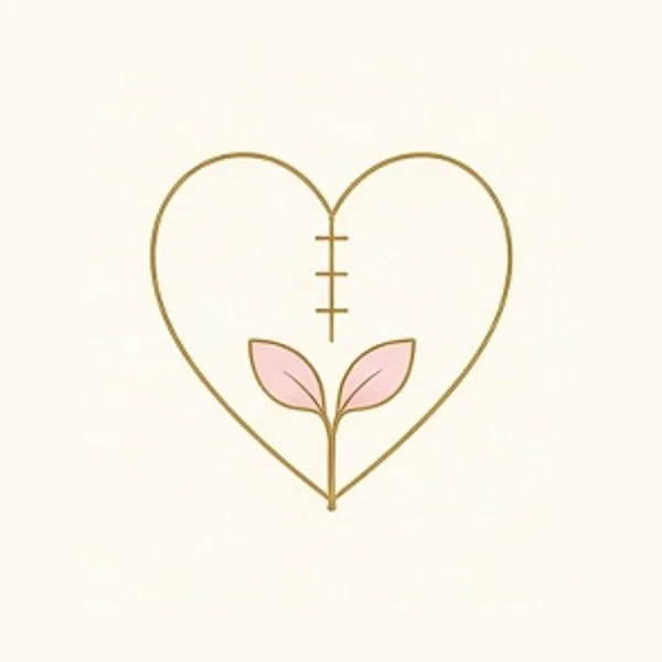 A minimalist illustration of a heart with a plant growing inside it, outlined in gold with pink leaves.