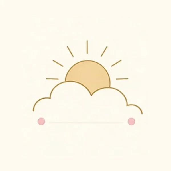 Simple illustration of a sunrise or sunset with a sun behind fluffy clouds and pink dots at the bottom.