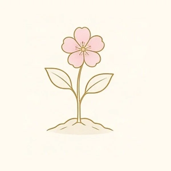 A simple line drawing of a pink flower with two leaves growing from soil.