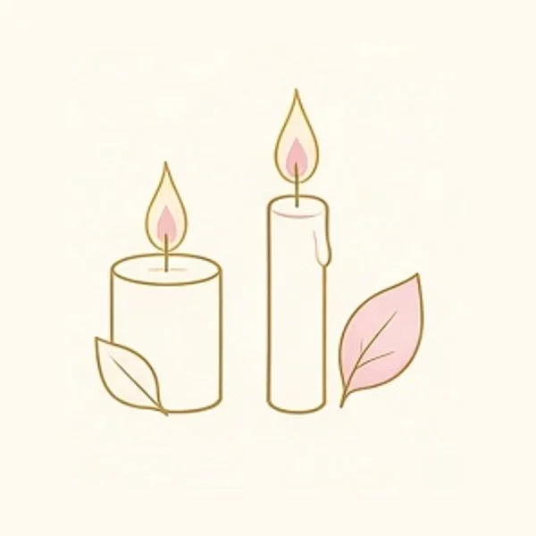 Simple illustration of two candles with flames and leaves on a light background.
