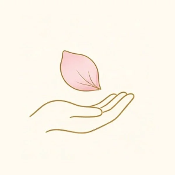 Minimalist illustration of a hand holding a pink leaf against a plain background.