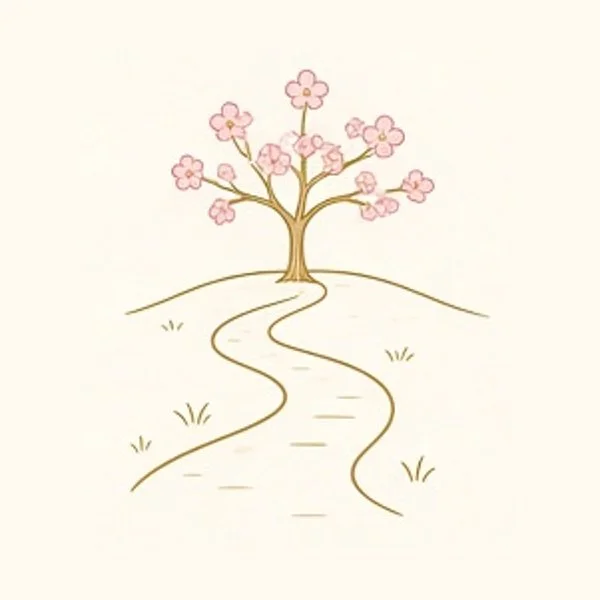 A drawing of a cherry blossom tree on a hill with a winding path leading to it.