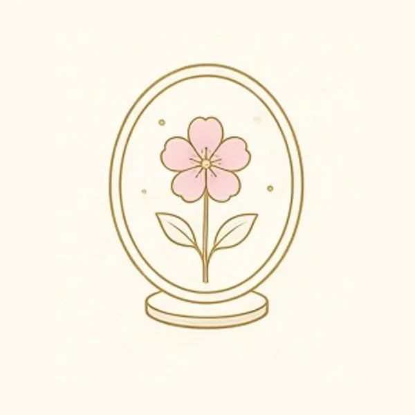 A decorative illustration of a pink flower inside a glass dome on a white background.