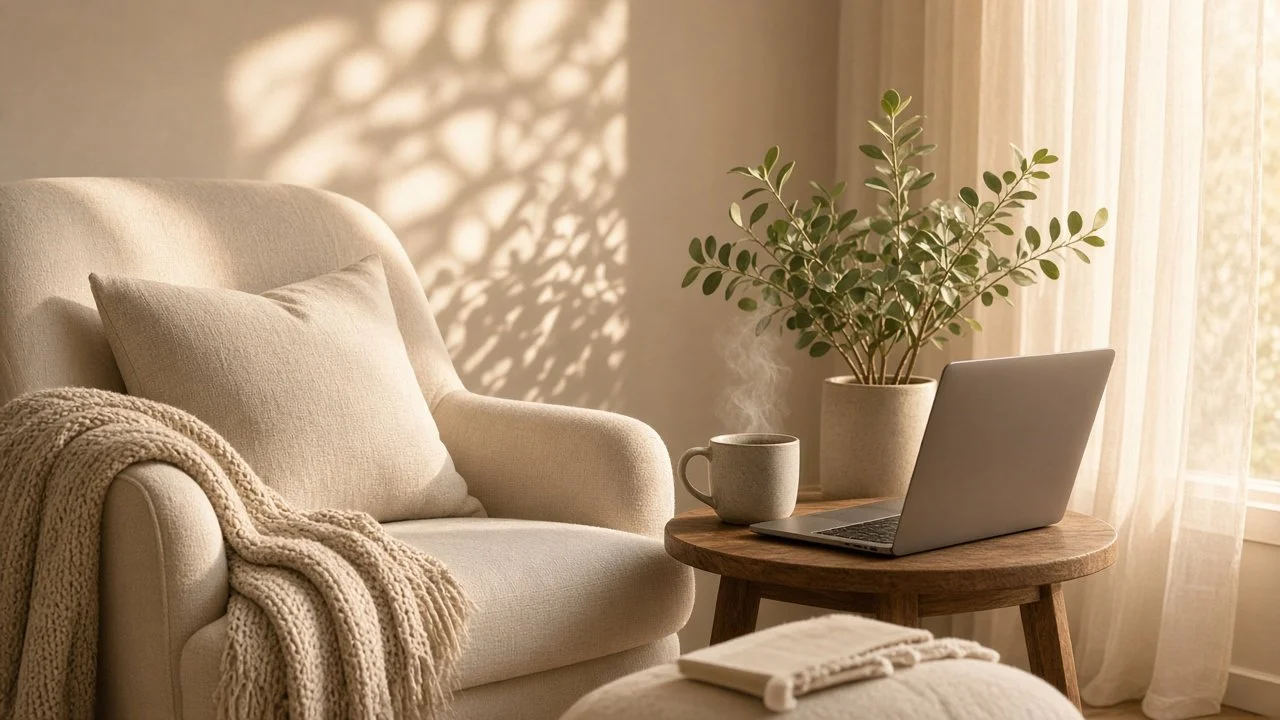 Cozy living room corner with a beige armchair, knitted blanket, small wooden table holding a steaming cup of coffee and a laptop, and a large potted plant near a window with cream-colored curtains, sunlight casting shadows.