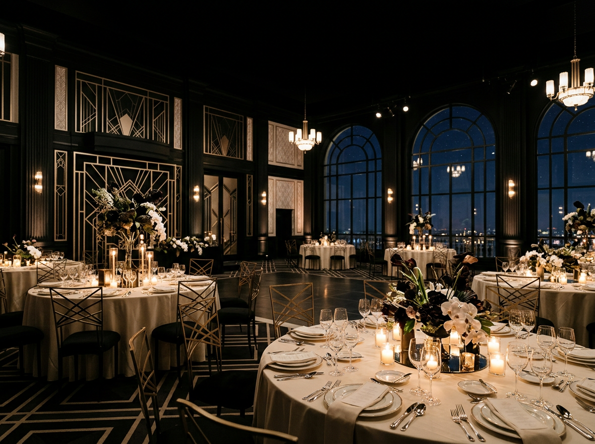 Elegant banquet hall decorated for a night event with round tables adorned with candles, floral centerpieces, and fine china, set against large arched windows showing a city skyline at night.