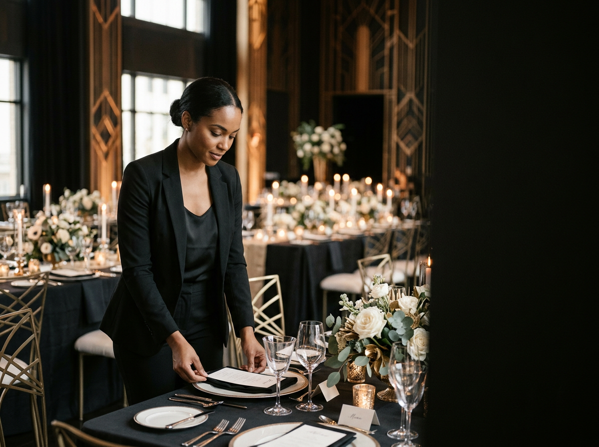 A woman in a black suit setting a dinner table decorated with white roses, candles, and glassware in an elegant room with tall windows and ornate wooden wall decor.