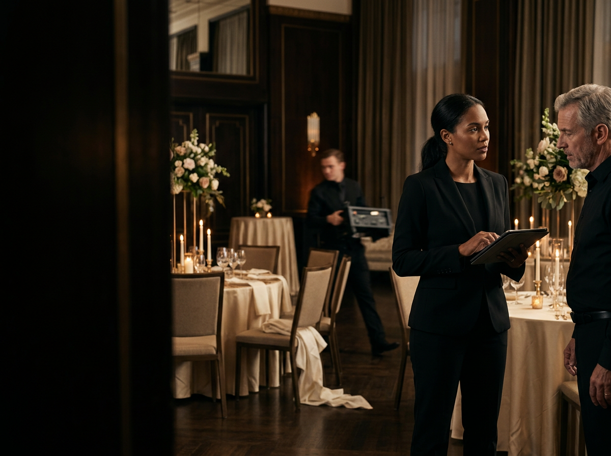 A woman and a man in formal black attire having a conversation in a dimly lit, elegant dining room with decorated tables, candles, and floral centerpieces. A waiter is in the background holding a tray.