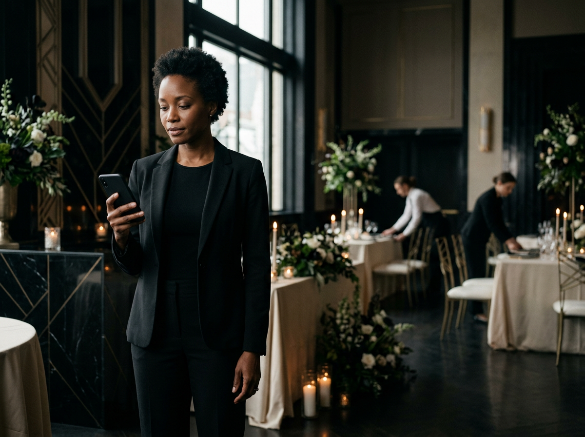 A woman in a black blazer and pants looking at her phone in a decorated event space with floral arrangements and candlelit tables.