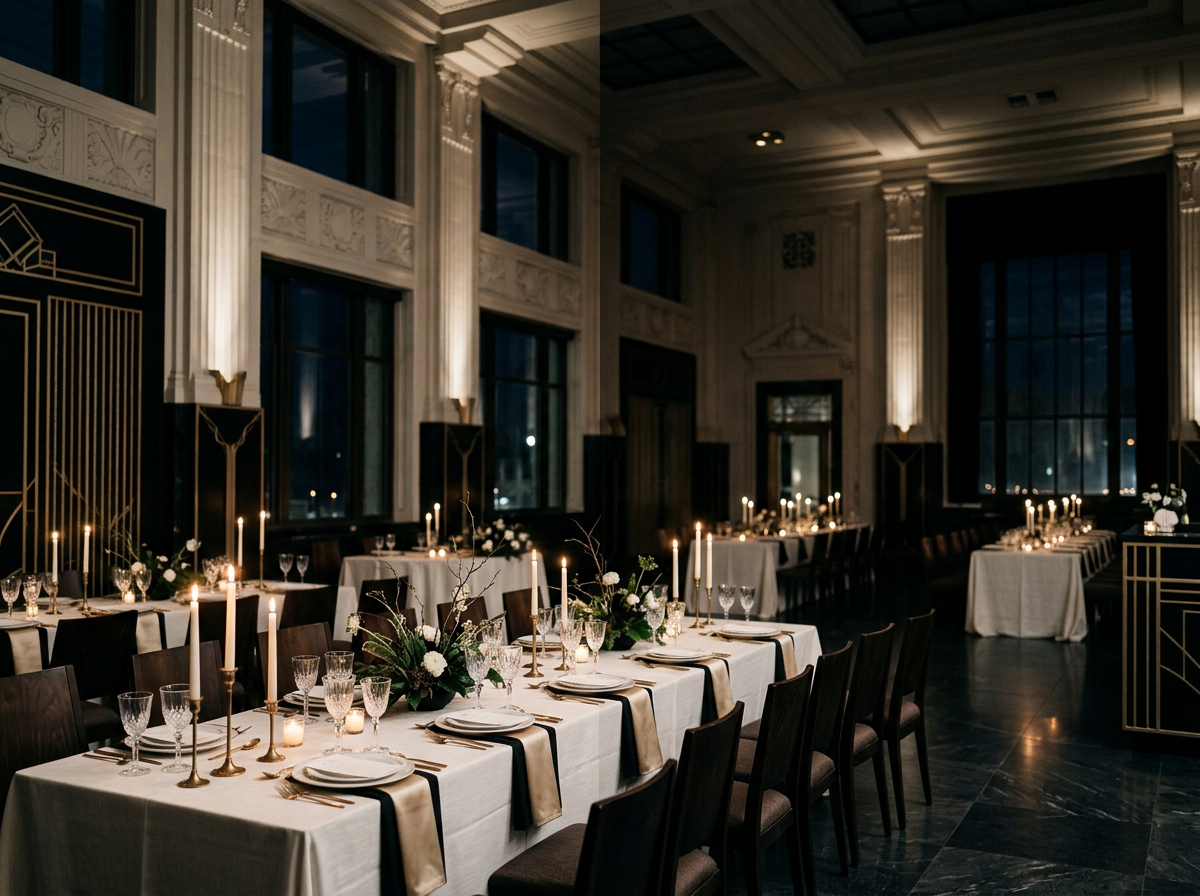 Elegant banquet hall with white tablecloth-covered tables decorated with candles, floral arrangements, and glassware, set for a formal dinner in a high-ceiling room with tall windows and ornate wall details.