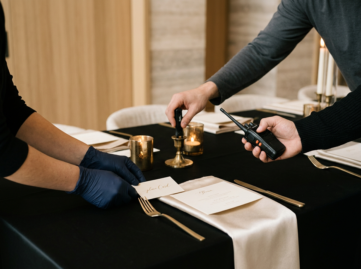 Two people setting a place card at a dining table with black tablecloth, gold candle holders, and a menu, during a formal event or dinner.