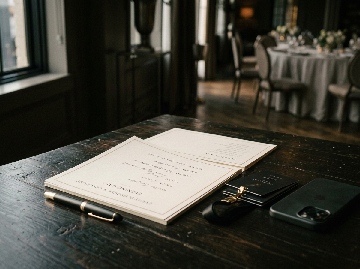 Wedding planning materials on a dark wooden table, including a pen, smartphone, and printed wedding itinerary with a pen attached, in a dimly lit venue with round tables set for a formal event in the background.