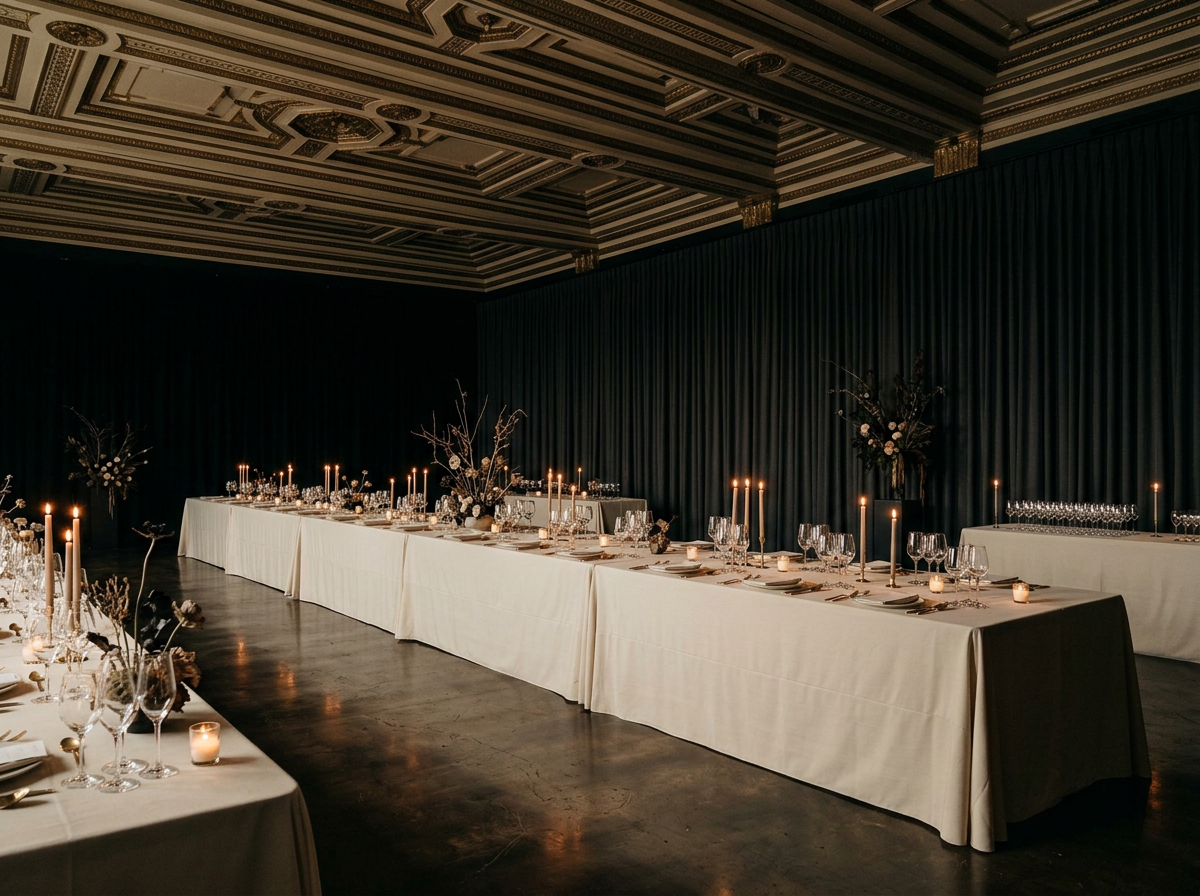 Elegant banquet hall with long tables covered in white tablecloths, decorated with candles, glassware, and floral arrangements, set for a formal event or dinner.